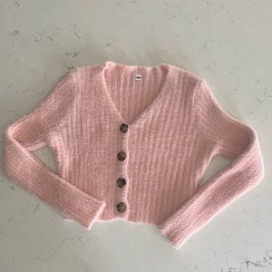 Girls Rib-knit Button Through Cardigan, Cropped Pink Sweater, Size 13/14 Youth